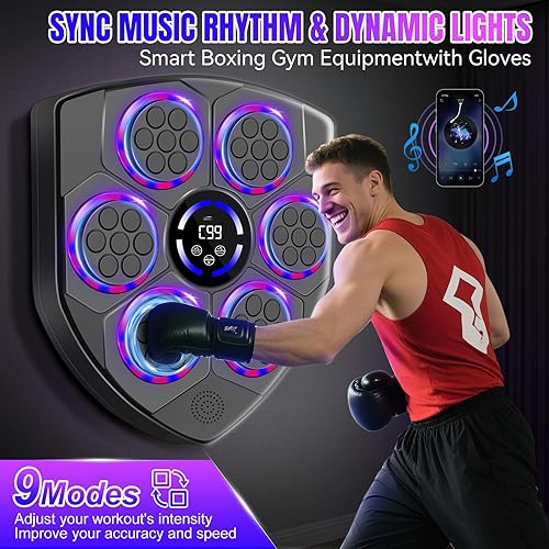 Miniatura 5 de Máquina de boxeo familiar inteligente con LED rítmico, montada en la pared para adultos y niños, incluye guantes para adultos, diadema y 3 bolas