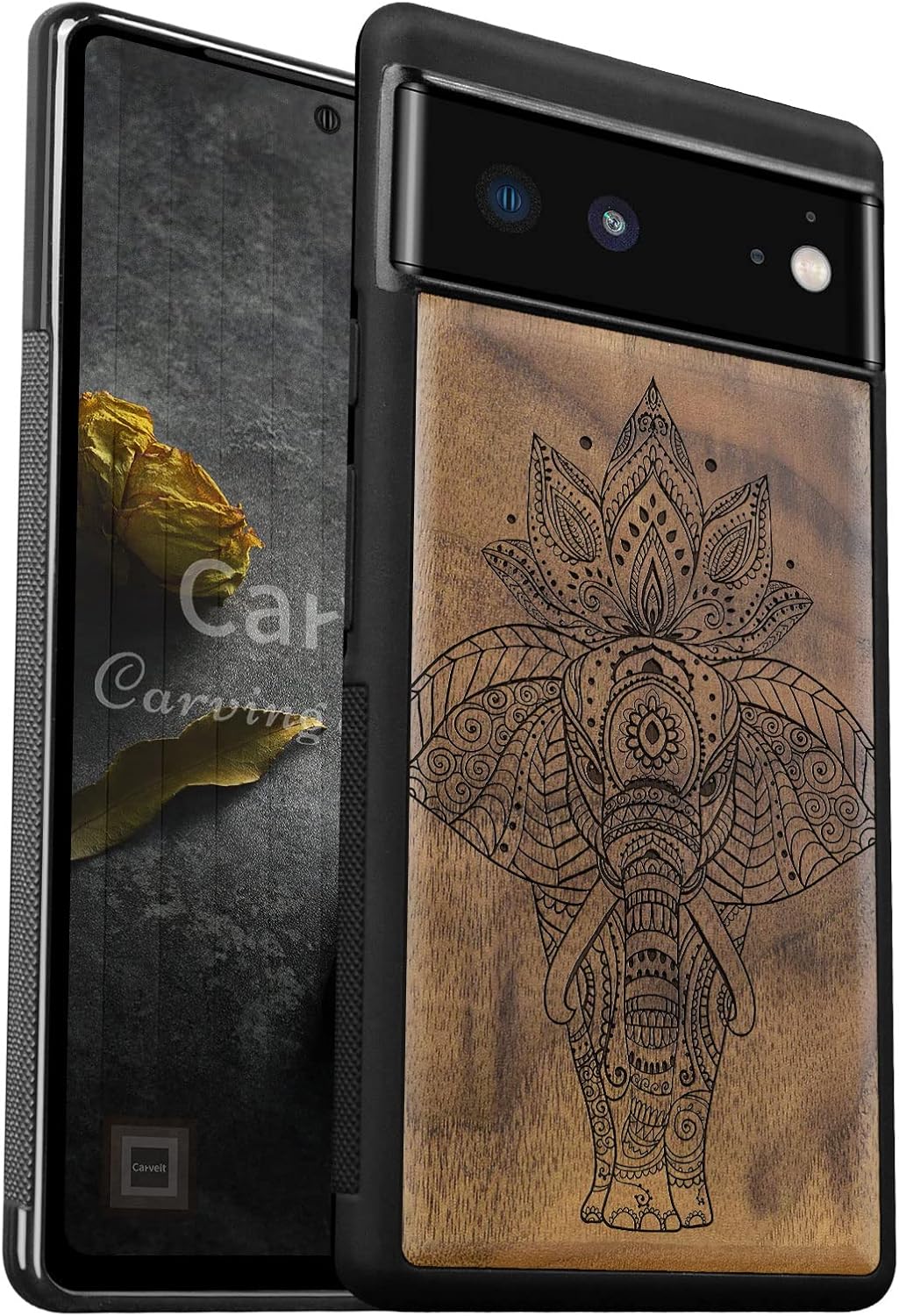 Carveit Wood Case for Pixel 6 Case [Natural Wood & Black Soft TPU] Shockproof Protective Unique Wooden Cover Compatible with Google Pixel 6 (African Tribal Elephant-Walnut)