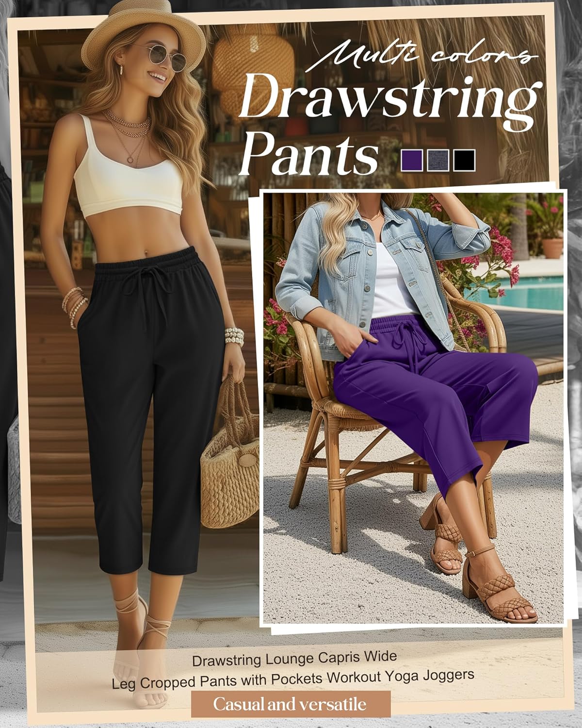 Huukeay 3 Pack Women's Capri Pants, Drawstring Lounge Capris Wide Leg Cropped Pants with Pockets Workout Yoga Joggers - Image 4