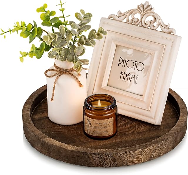 Hanobe Round Wood Candle Tray: Rustic Wooden Candle Holder Distressed Pillar Stand Farmhouse Tea Light Plate Base for Living Room Coffee Table Centerpiece for Kitchen Counter Bathroom Home Decor,11.8"
