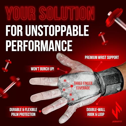 Miniatura 2 de JerkFit WODies - Agarres de gimnasia y levantamiento de pesas con muñequeras – Guantes de gimnasio versátiles de 3 agujeros para dominadas, Negro
