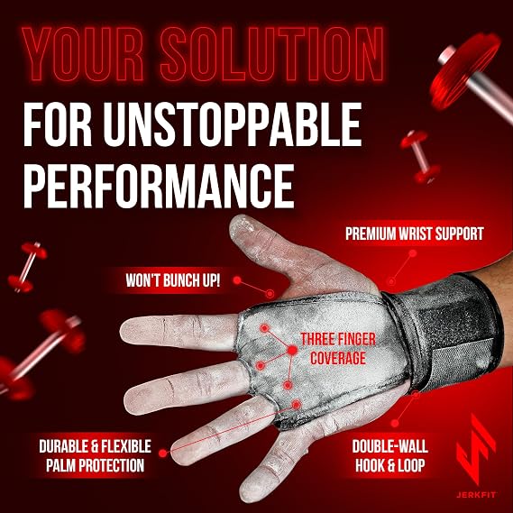 JerkFit WODies Gymnastics & Weightlifting Grips with Wrist Wraps 3 Hole Versatile Gym Gloves for Pull Ups, Gym Training & Cross Training Hand Grips Palm Protector for Men & Women