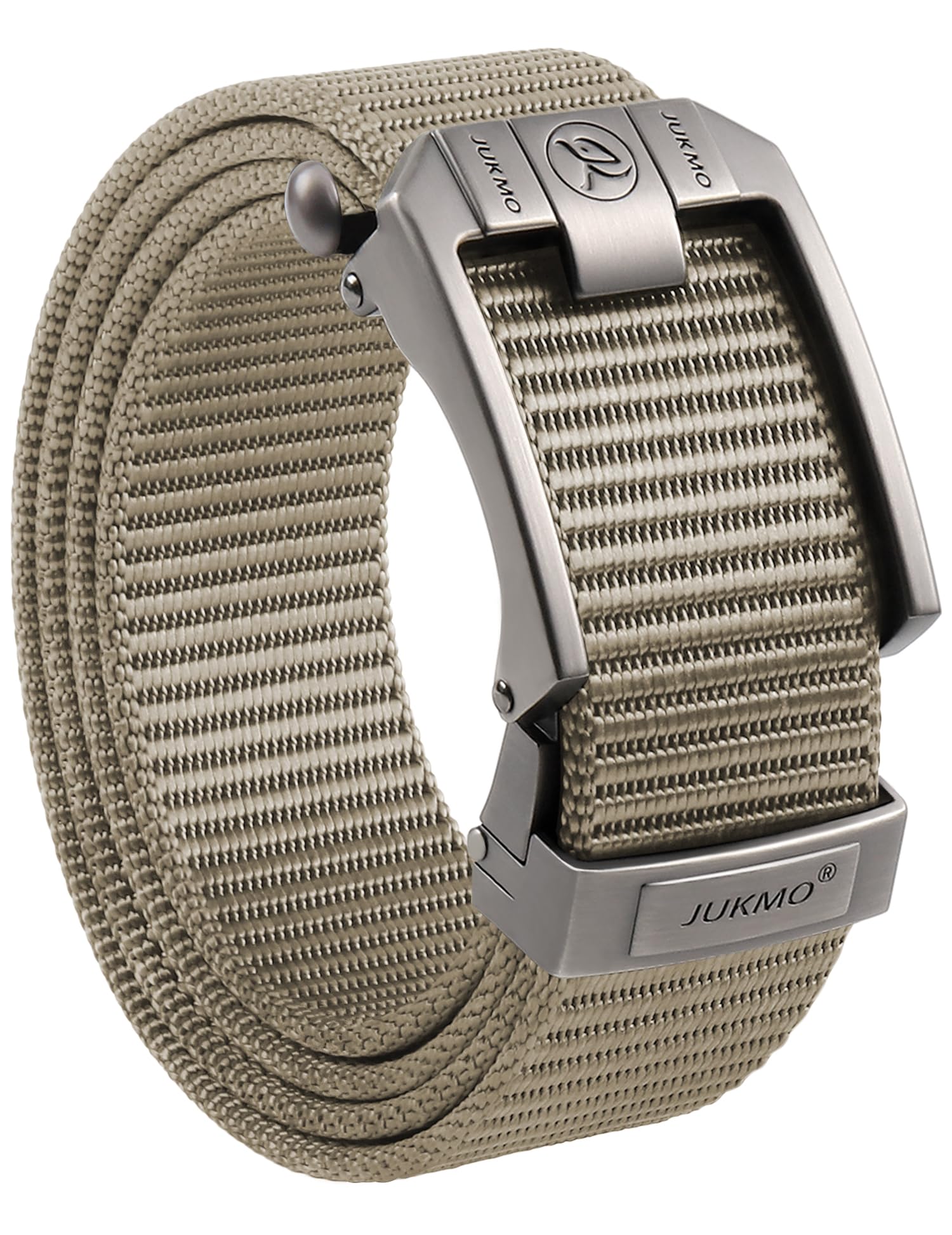 JUKMO Ratchet Belt for Men, Nylon Web Tactical Belt with Automatic Slide Buckle, Adjustable Trim to Fit (Khaki, For Waist 20