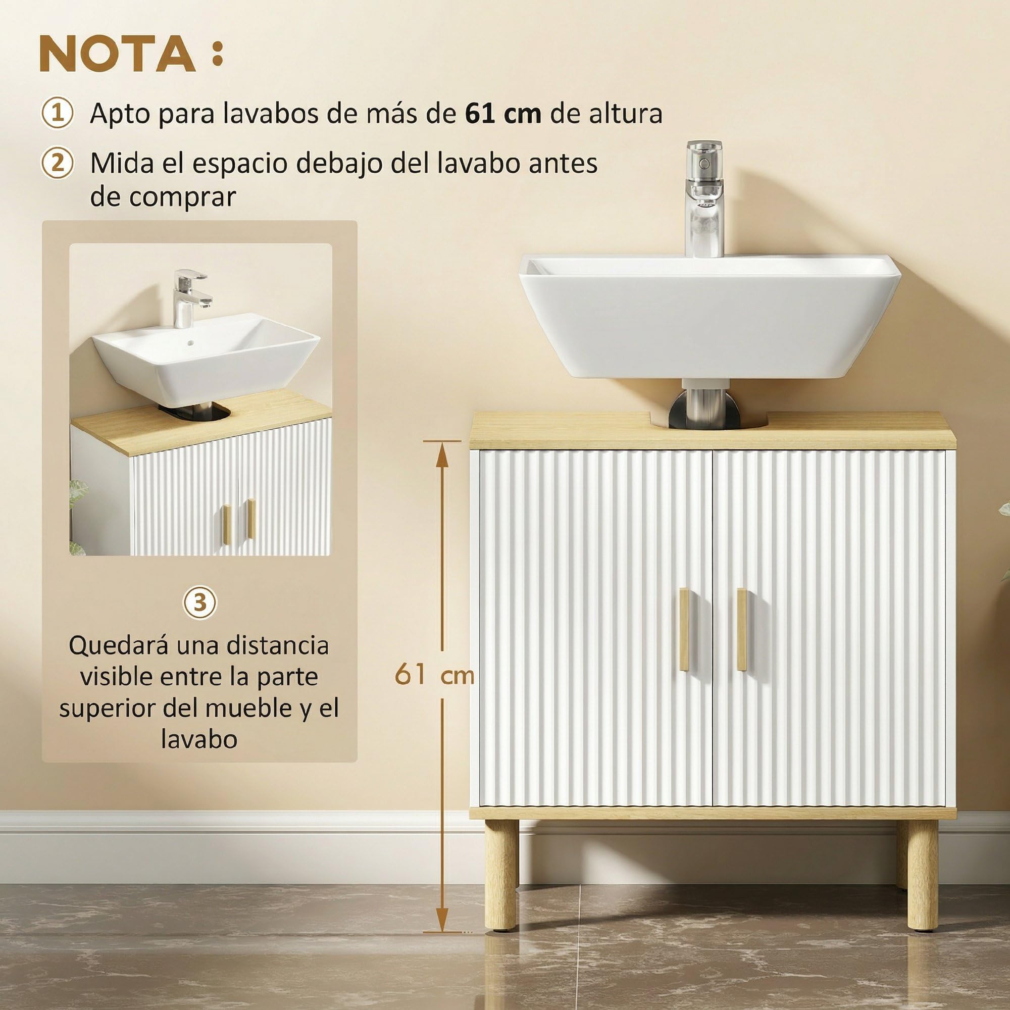 HOMCOM Mueble Bajo Lavabo de Baño con Estante Ajustable 60x30x61 cm Blanco | Mueble de Baño, Puertas Acanaladas, Patas de Madera, para Lavabo sin Pedestal
