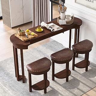 KEIKI 60" Solid Pine Wood Bar Table Set with 3 PU Stools Chairs, Long Bar High Top Dining Table & Upholstered Stools, Behind Couch Sofa Counter Height Pub Table for Breakfast, Kitchen Living Room