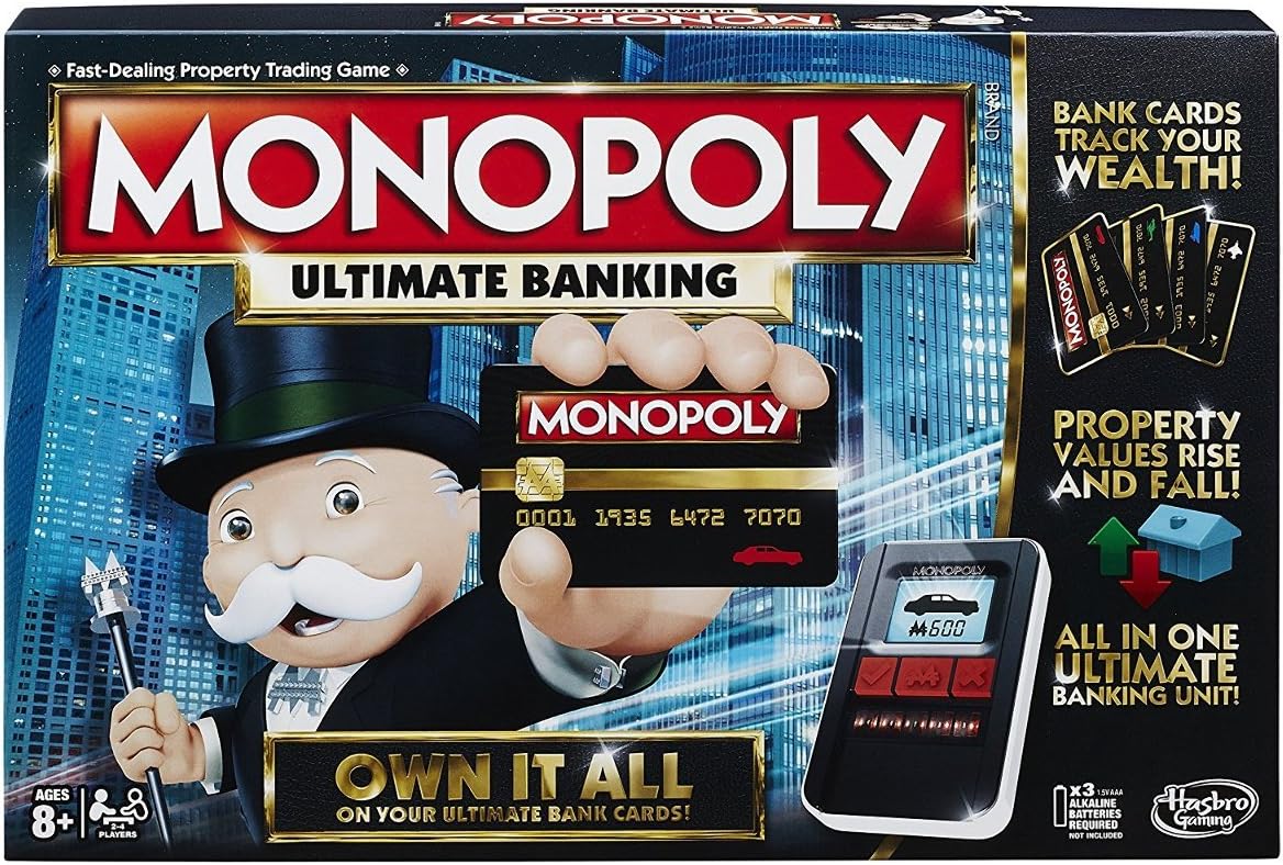 Monopoly Ultimate Banking game box showing the banking unit and bank cards