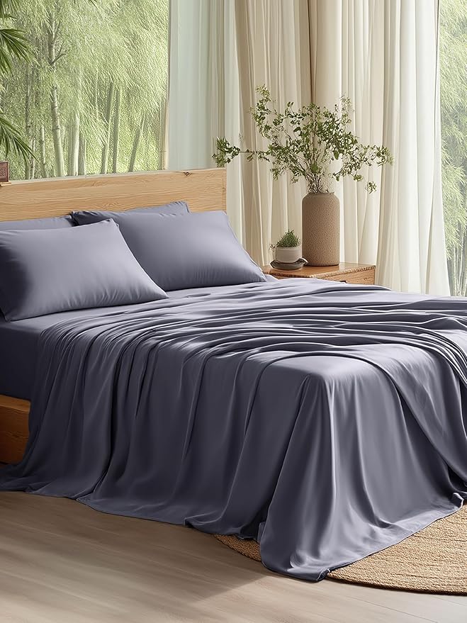 Bedsure Queen Sheet Set, Cooling Sheets for Queen Size Bed Set, Rayon Derived from Bamboo, Breathable & Soft, Deep Pocket Up to 16", Hotel Luxury Silky Bedding for Hot Sleepers, Dark Grey