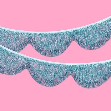 Blue Iridescent Scalloped Layered Fringe Banner 5.9ft | Bachelorette Party Decorations, Coastal Birthday Party Decor, Baby Shower Supplies, Ocean Themed Photo Booth Banner Backdrop