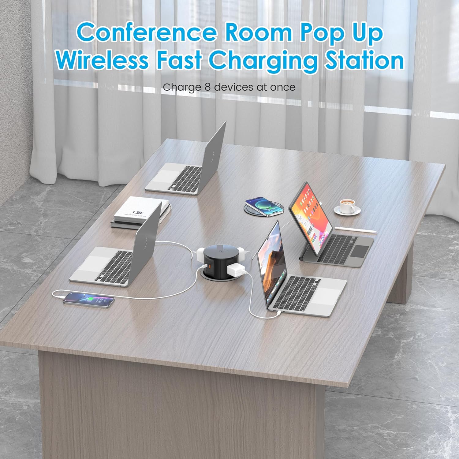 VILONG Pop Up Outlet in use on a conference table, charging multiple laptops and phones.