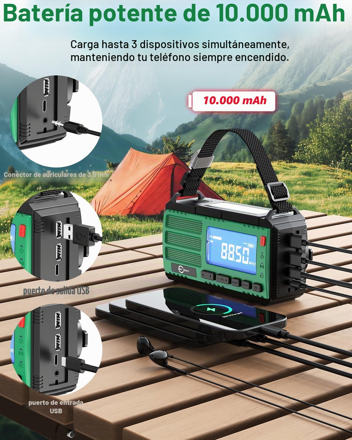 Esky Radio Solar 10000mAh, Radio de Emergencia Portátil con Manivela AM/FM/NOAA con Powerbank, Linterna LED, Luz de Lectura, SOS y Brújula, Recargable por USB, Solar o Manivela para Camping y Apagones