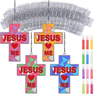 Blueweenly 36 Pcs Christian Cross Suncatchers Craft Kit Bulk, Jesus Love Me | Paint Religious Cross for Kids, Suncatchers Ornaments, for Sunday School, Christian Window, DIY Decor