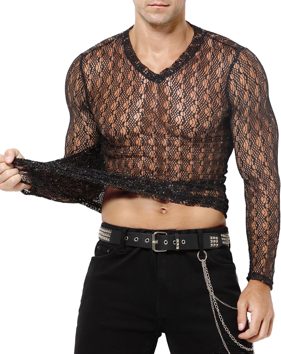 Men's Muscle Transparent Shirt, Sexy Mesh Long Sleeve Shirt, Silver Highlights, Vertical Striped, V-Neck