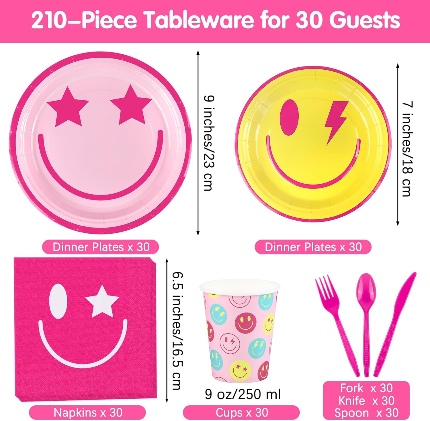 Kochorie 210 Pieces Preppy Smiley Face Tableware Set Disposable Smile Face Dinnerware Supplies Paper Plates Cups Napkins Cutlery for Preppy, Baby Shower, Birthday Party Decor, Serve 30 Guests