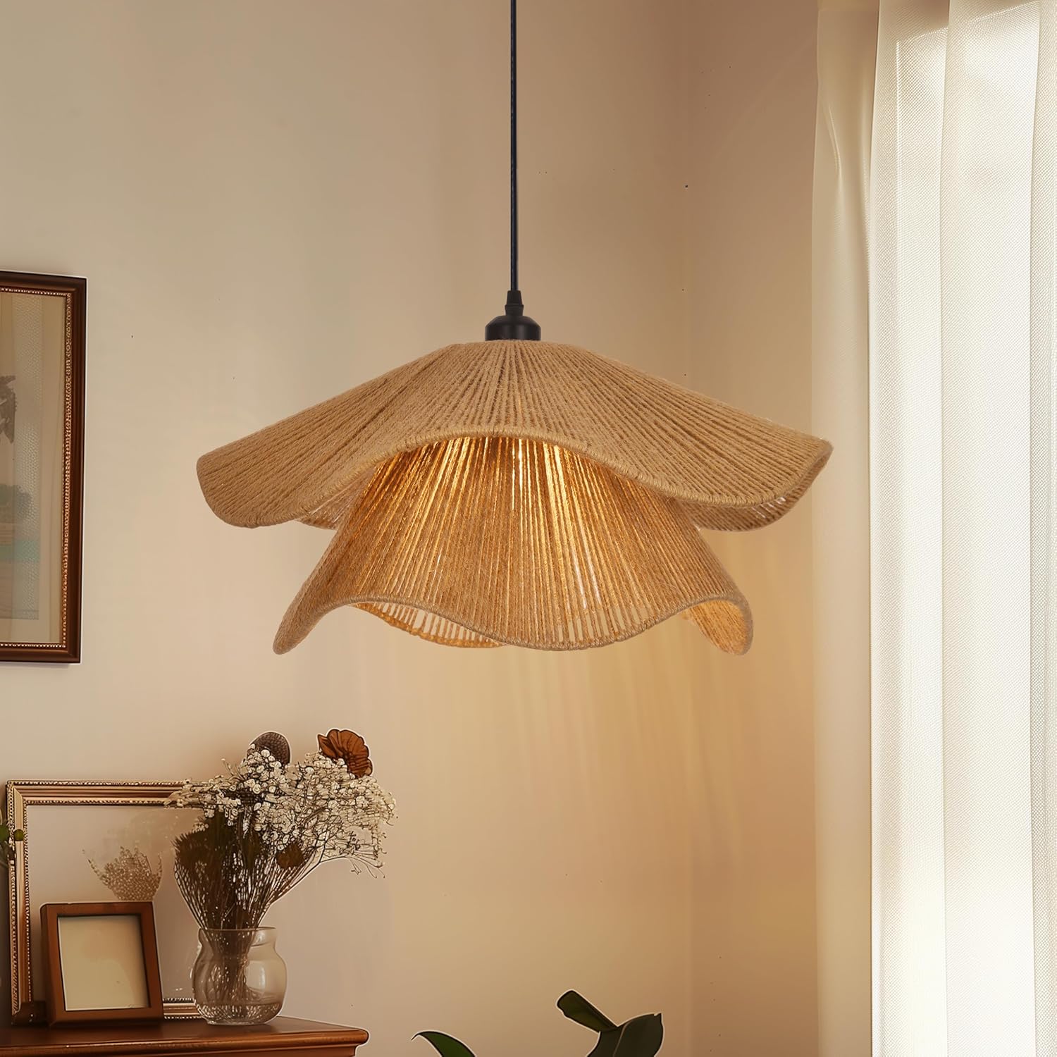 Littleglovo Pendant Lights Kitchen Island, 11.8" Boho Jute Rope Hand Woven Hanging Light Fixture, 1-Light Wicker Coastal Rustic Farmhouse Chandelier for Dining Room Bedroom Living Room Entryway Foyer