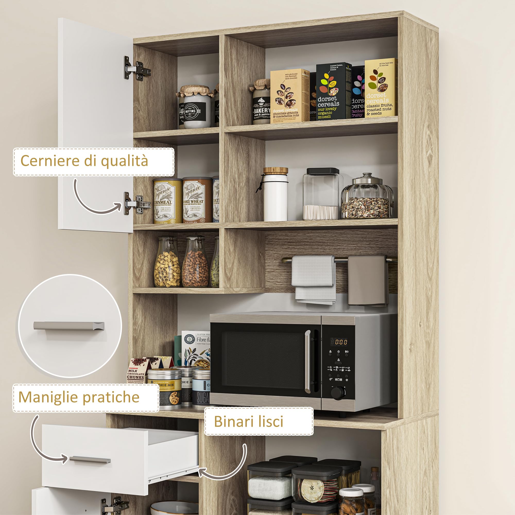 HOMCOM Credenza Cucina Alta con Cassetto, 3 Armadietti e 4 Scomparti Aperti, Mobile Dispensa con Ripiano Regolabile in Truciolato, per Soggiorno e Cucina, 80x35x180 cm, Bianco e Rovere