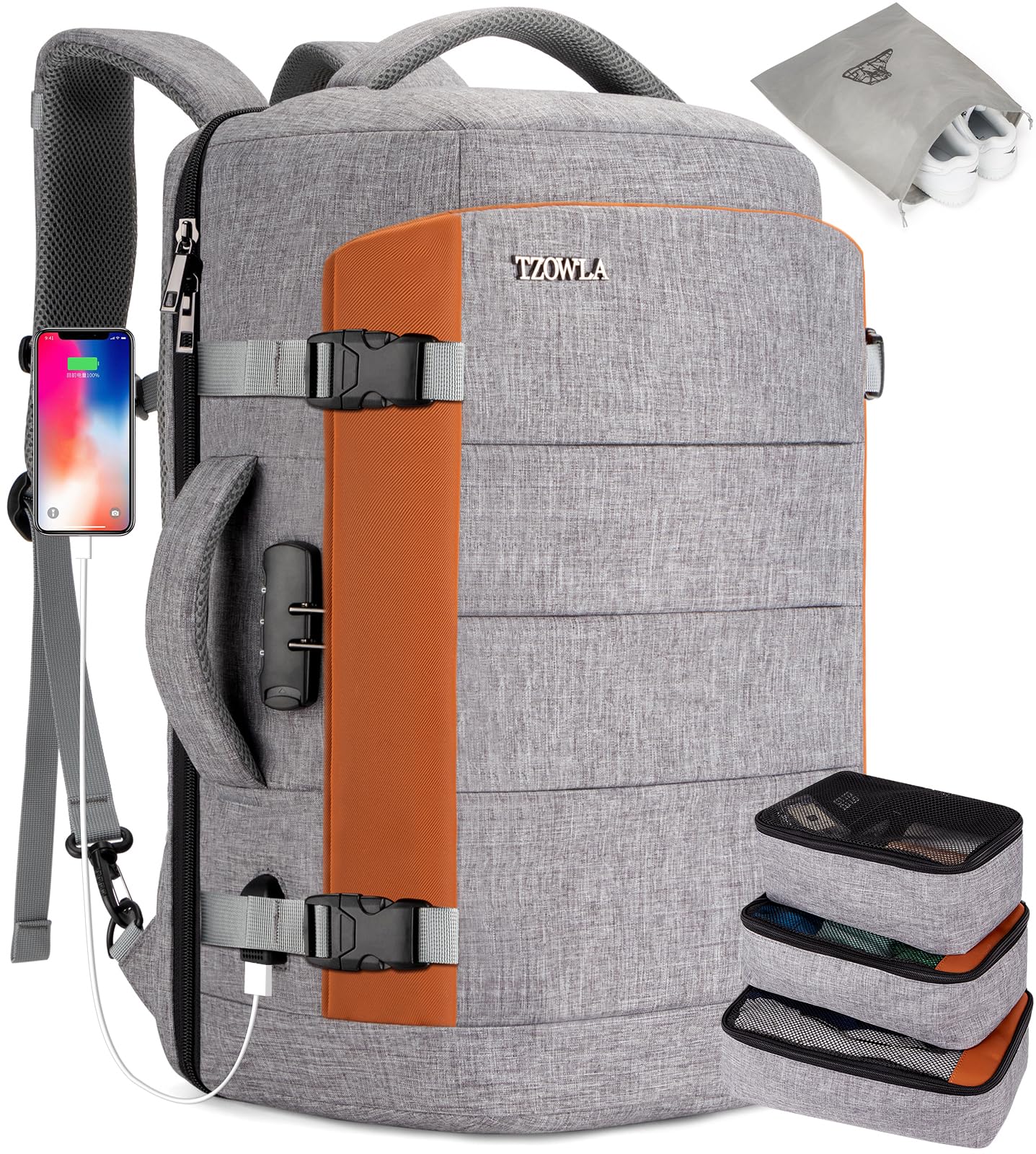 Tzowla 40L Plecak Podróżny na Laptopa dla Mężczyzn i Kobiet Podręczny Lot Zatwierdzony,Plecak Wodoodporny Antykradzieżowy z Portem USB,Biznesowy Codzienny Plecak na Komputer 17,3 Cala-Szary