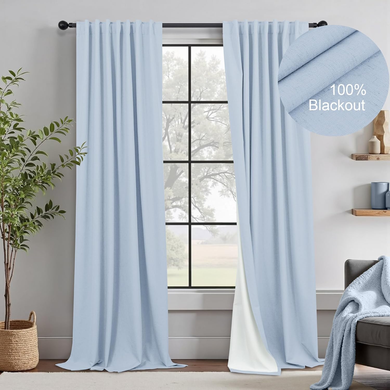 Light Blue Curtains 84 Inch Length for Bedroom 2 Panel Back Tab Pocket Pale Sky Colored Darkening Insulated Thermal Country Farmhouse Linen Blackout Curtain for Living Room Black Out Long Drape Window 52"W x 84"L (Pack of 2) Light Blue