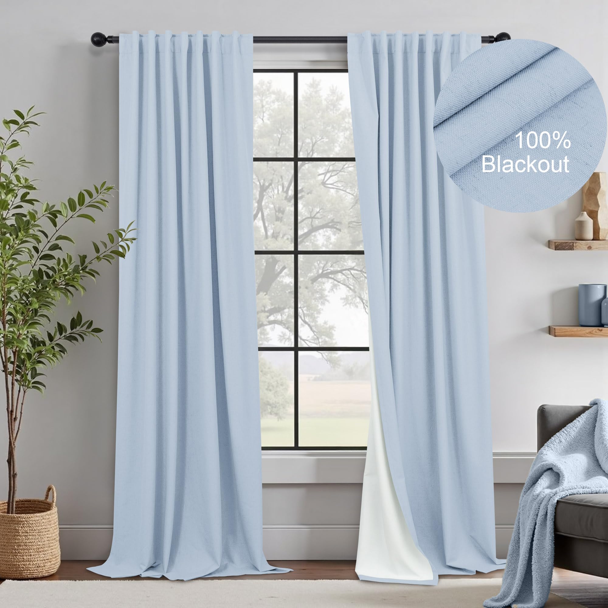 DANCURTON 108 Inch Curtains 2 Panel Set Light Blue Linen Floor to Ceiling Darkening Extra Long Living Room Curtains 108 Inches Long Insulated Thermal Drapes for Summer Heat Blocking Patio Sliding Door