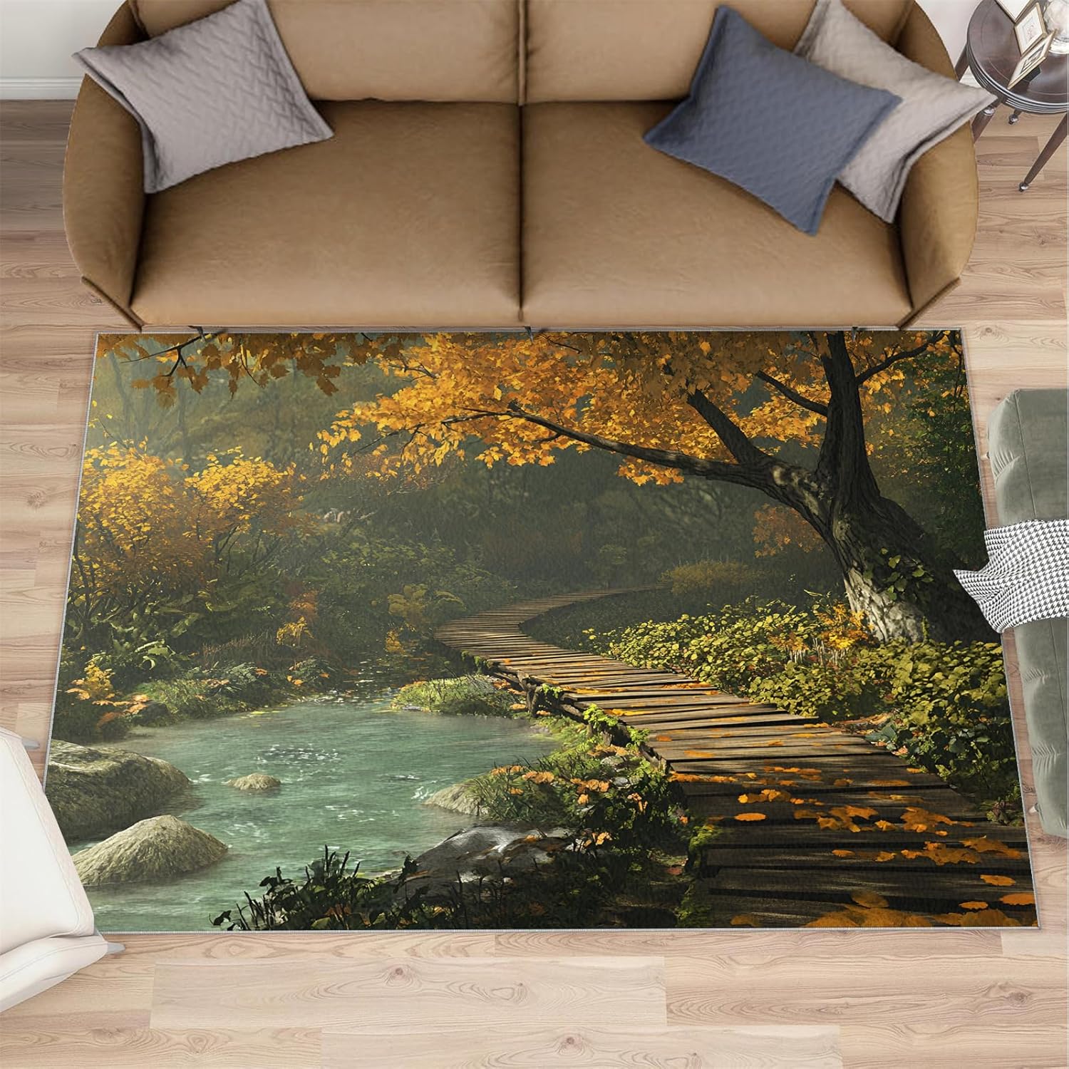 Golden Autumn Leaves Washable Area Rugs 2x3 Non-Slip Streams and Rivers Living Room Rug Autumn Forest Landscape Soft for Carpet Low Pile Indoor Door Mat & Room Decor