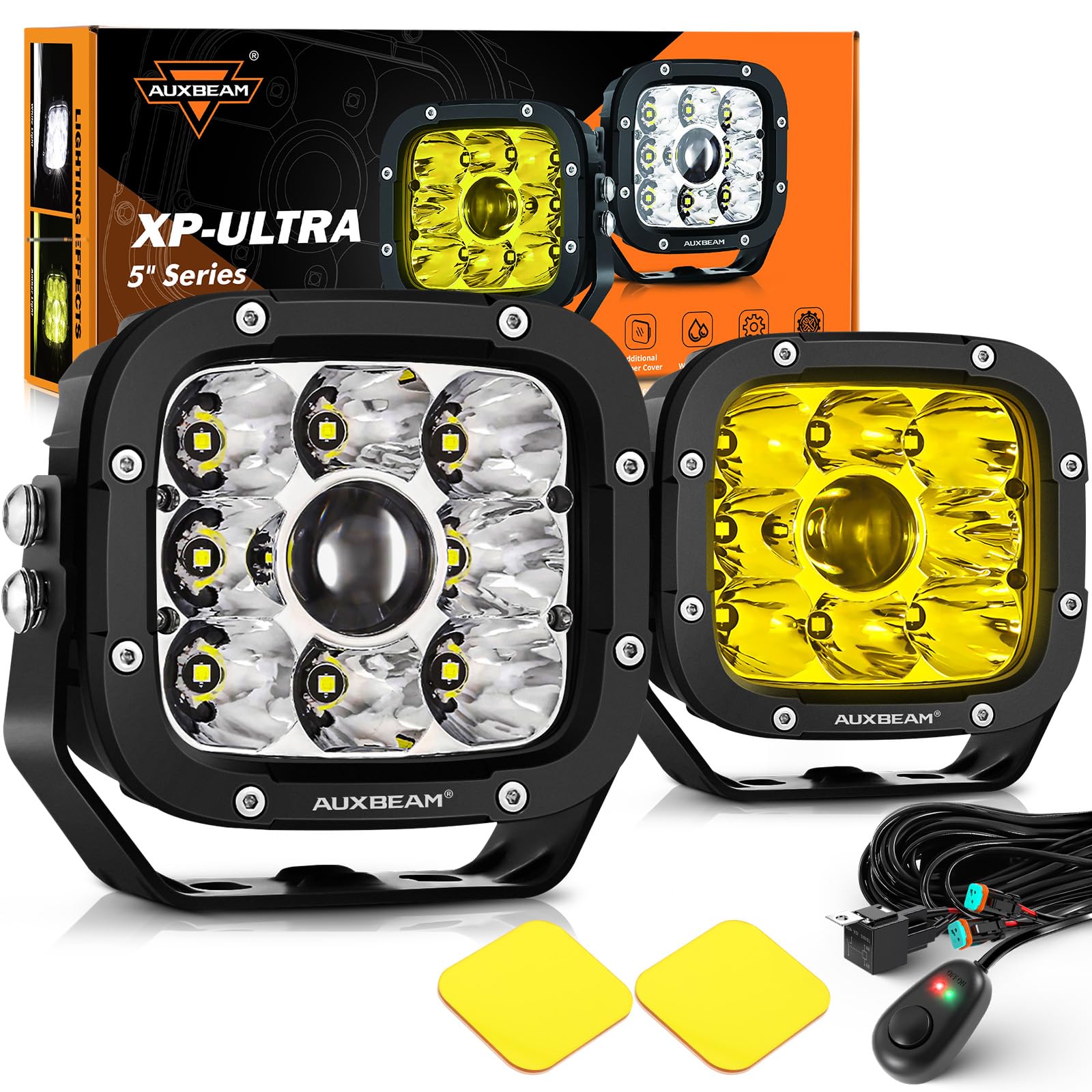 Auxbeam XP-Ultra Series 5" 110W LED Pod Lights, Hyper Spot Beam, Amber White Cube Offroad Lights, Dual Color Lens Covers, Off-Road Amber Fog Spotlight, Pair