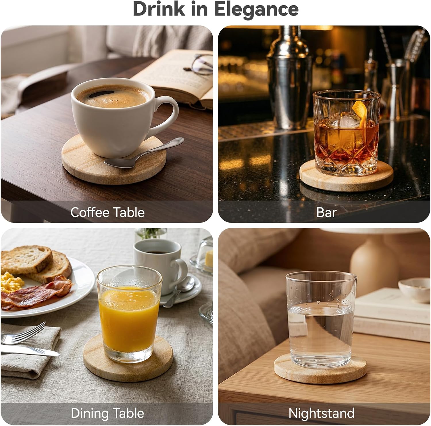 Absorbent Sandstone Drink Coasters Set of 6 with Holder, 4" Round