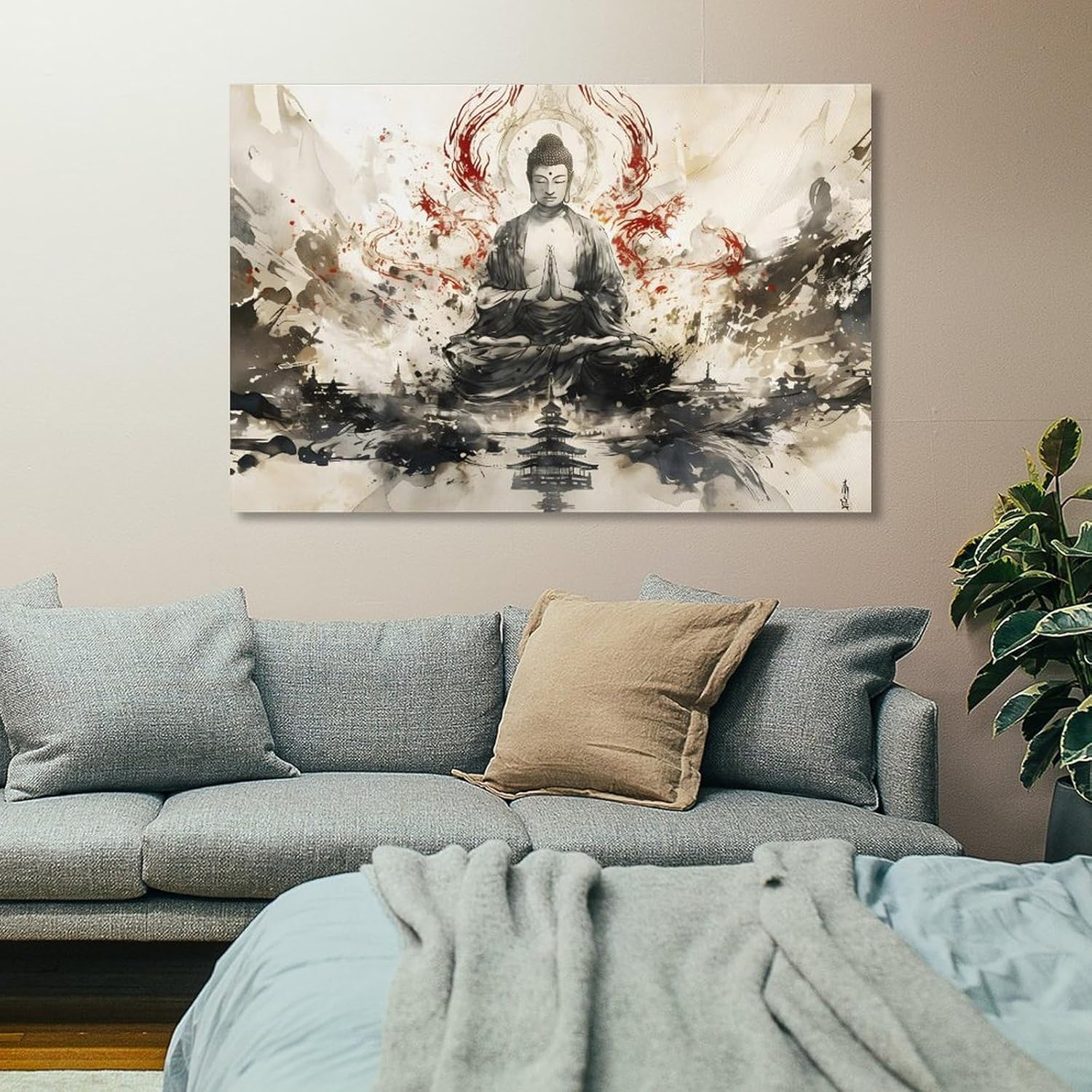 [Fan-Er Wall Art]A Buddha Statue Meditating With Dragon Elements The Style Of Chinese Ink Painting Modern Home Artworks Livingroom Bedroom Bathroom Office Decor Poster Canvas Prints Gift2 Wall Art Pos