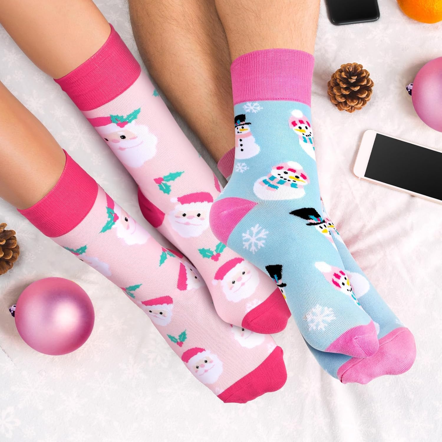Vansolinne 6 Pairs Pink Christmas Socks for Women Girls Cotton Santa Snowman Gingerbread Xmas Crew Socks for Pink Christmas Party Gifts - Image 2