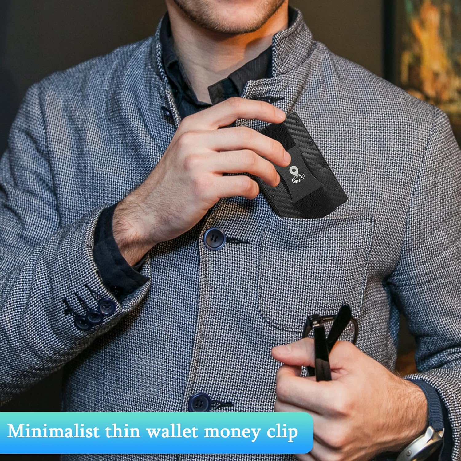 Trackable Thin Card Wallet for Men - Leather Bluetooth Anti-Lost Smart Wallet with Metal Money Clip Men's Card Holder Minimalist Smart Men's Wallet (Carbon Fiber Black)