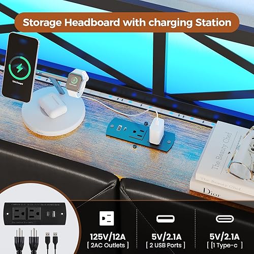 Miniatura 5 de DICTAC Base de cama tamaño King con cabecera de almacenamiento y 2 cajones, cama de plataforma de metal King con luces LED y almacenamiento oculto,