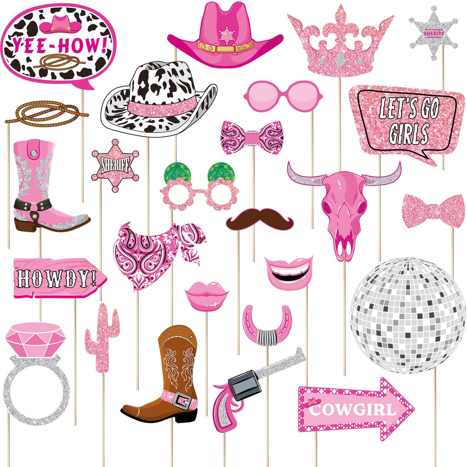26 Pieces Western Photo Booth Props Kit Party Decorations, Cowgirl | Cowgirl Photo Booth Props, Wild Western Themed Party Decorations, Selfie Props for Country Rodeo Theme Party Favors Supplies