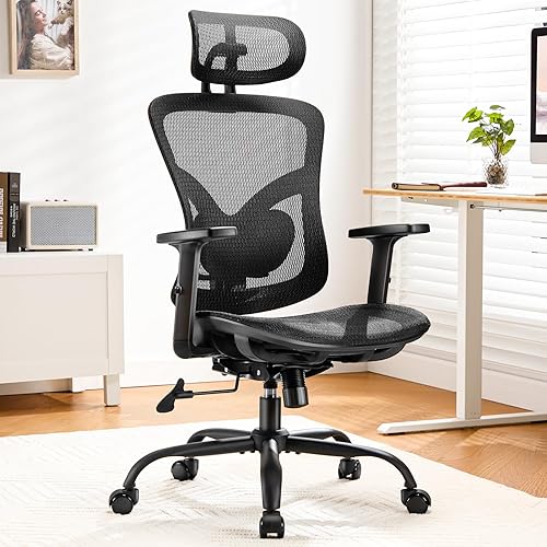 Marsail - Silla ergonómica de oficina con respaldo de malla, reposacabezas 2D, soporte lumbar ajustable y reposabrazos regulables en altura