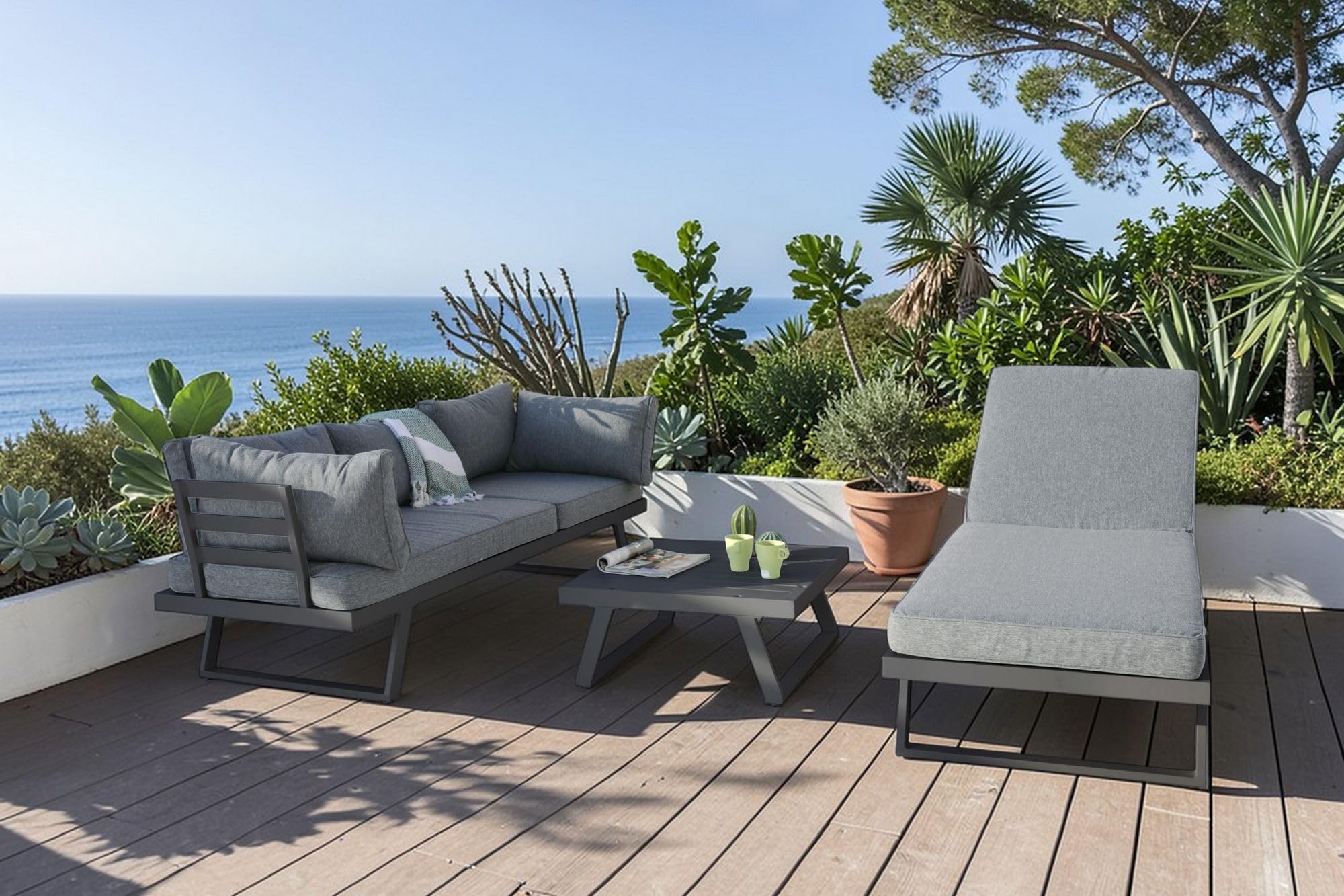 ALEOS. Gartenlounge Lounge aus Aluminium Multifunktionslounge Loungeecke Lounge Set Loungegarnitur Sitzgruppe Doppelliege Sofagarnitur Cancun grau anthrazit mit bequemen Kissen