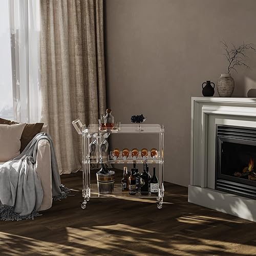 Miniatura 2 de HMYHUM Carrito de barra de acrílico con 4 ruedas con bloqueo, carrito de servicio transparente con estante para vino y soporte para vidrio, carrito