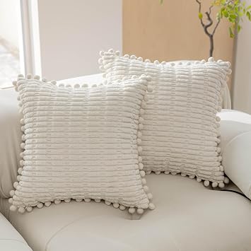 Home Brilliant Cream Cushion Covers 45X45 Set of 2, Boho Pom Pom Cushion Covers for Sofa Bed, Super Soft Corduroy Cushions Covers, Cream, 45cm x 45cm