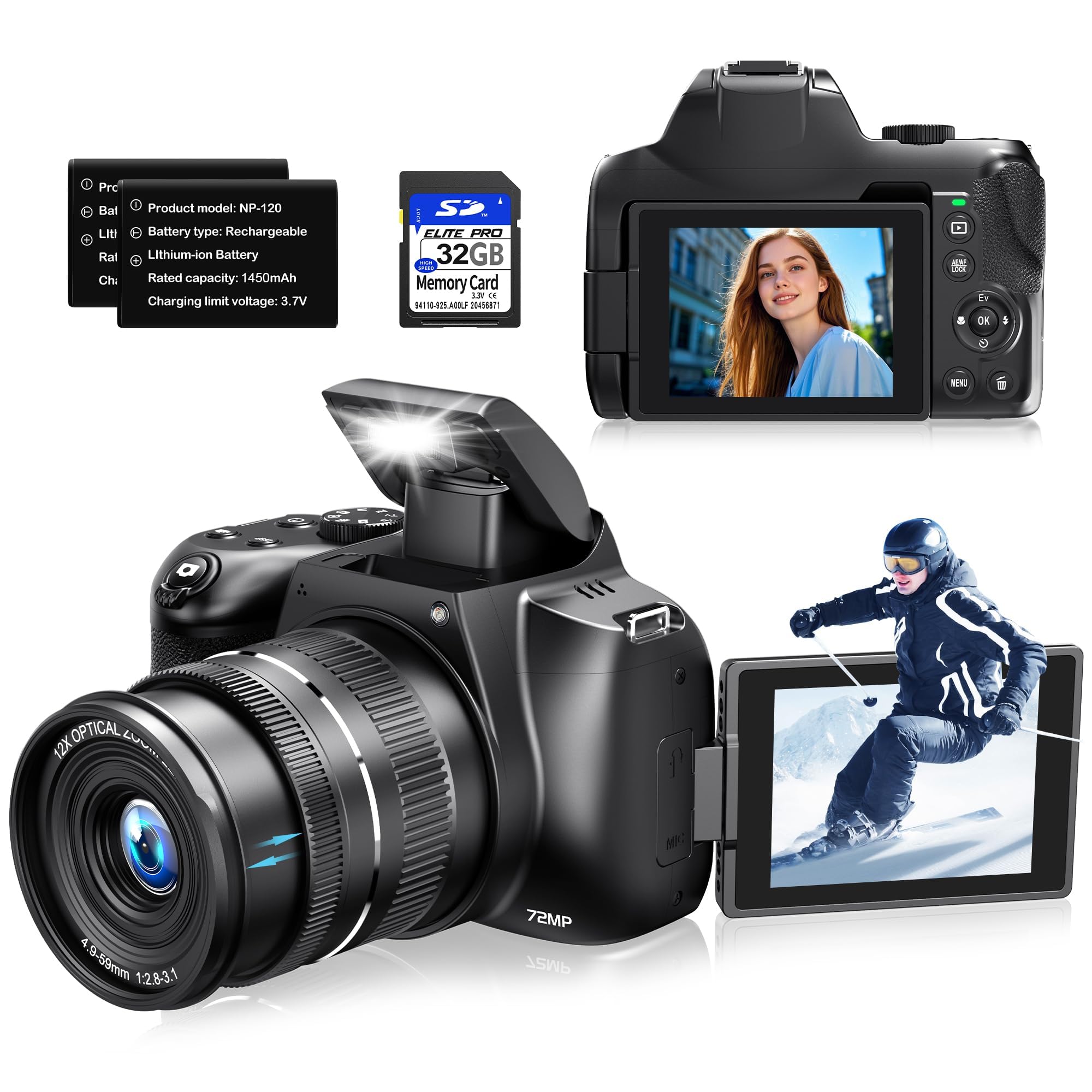 Cameras for Photography, 12X Optical Zoom 4K Digital Camera with WiFi & App Control, 72MP Vlogging Camera with 180° Flip Screen, Auto Focus, 59mm Wide Angle & Macro Lens, 32GB SD Card