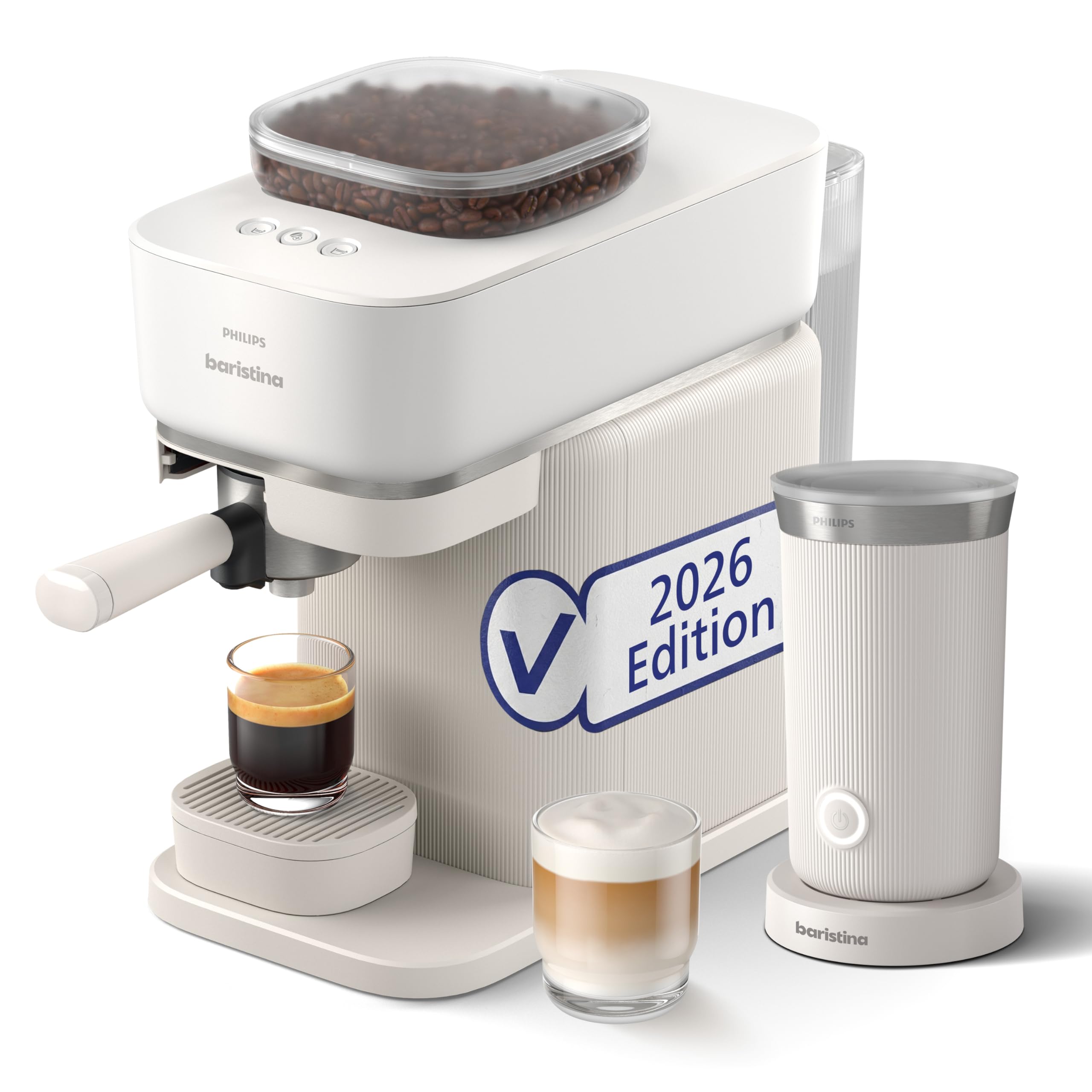Philips Baristina Espressomaschine und Milchaufschäumer Paket –Automatisches Mahlen, Tampen & Brühen, 16 Bar, Kaffeemaschine mit Mahlwerk & Siebträger, leichte Reinigung, Naturweiß (BAR308/00)