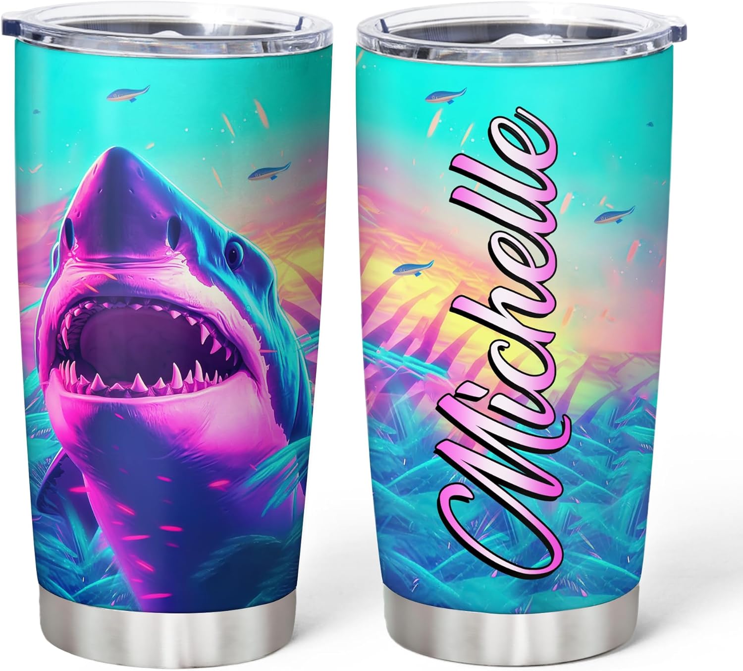 Hyturtle Personalized Gifts Shark Lover - Shark Printed Customized Name Stainless Steel Tumbler 20 oz With Lid - Idea Cute Sea Animal Lover Gifts For Women, Girl, Kids On Birthday, Christmas