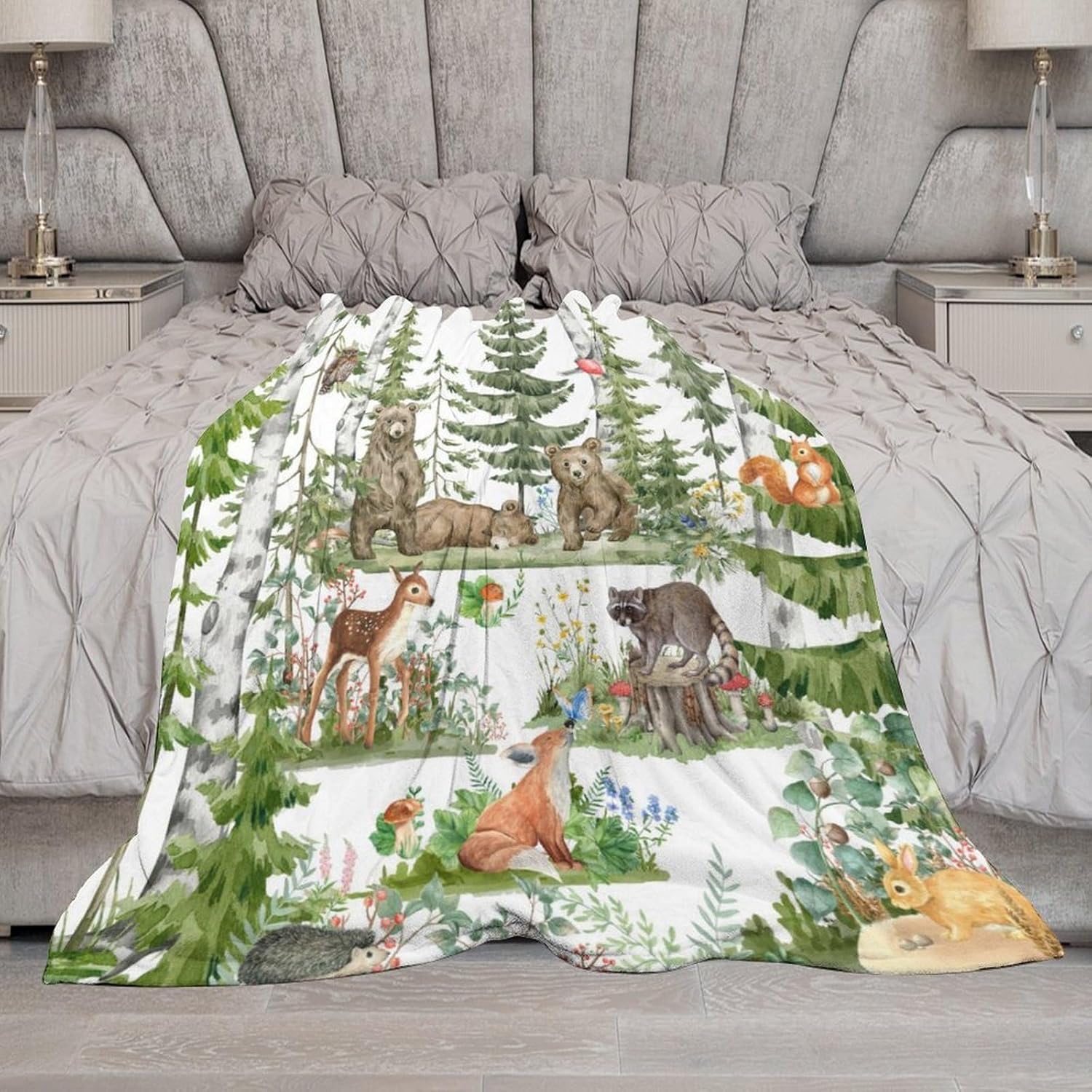 Forest Animal Blanket Watercolor Wild Animal Bear Fox Deer Kids Green Woodland Tree Print Blanket for Girls Kids Room Nursery Couch Sofa Bed Decorative Gifts 50x60