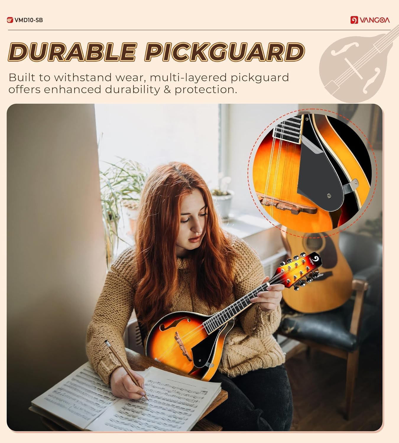 Vangoa Mandolin Musical Instrument A Style, Acoustic Mandolin Instrument Kit Italian 8 String for Professional Beginners Adults Teens Youth Kids, Sunburst, Glossy