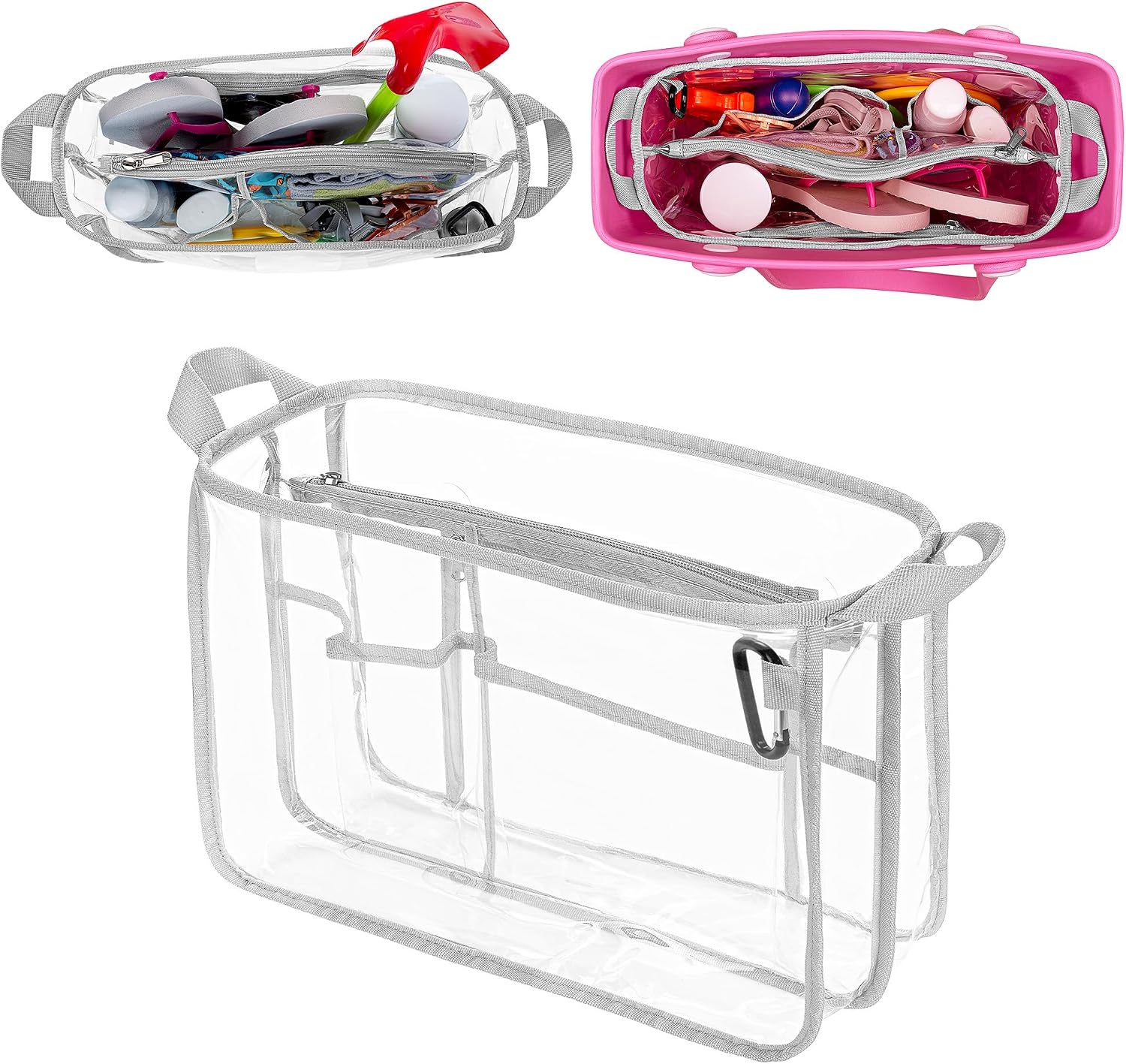 Rexmica Clear Beach Bag Organizer Insert (12.4in x 10.2in x 4.3in) Compatible with Bogg Bag (15in x 13in x 5.25in), Waterproof Beach Bag Insert Divider Pouch, Beach Tote Insert Organizer Liner, Gray