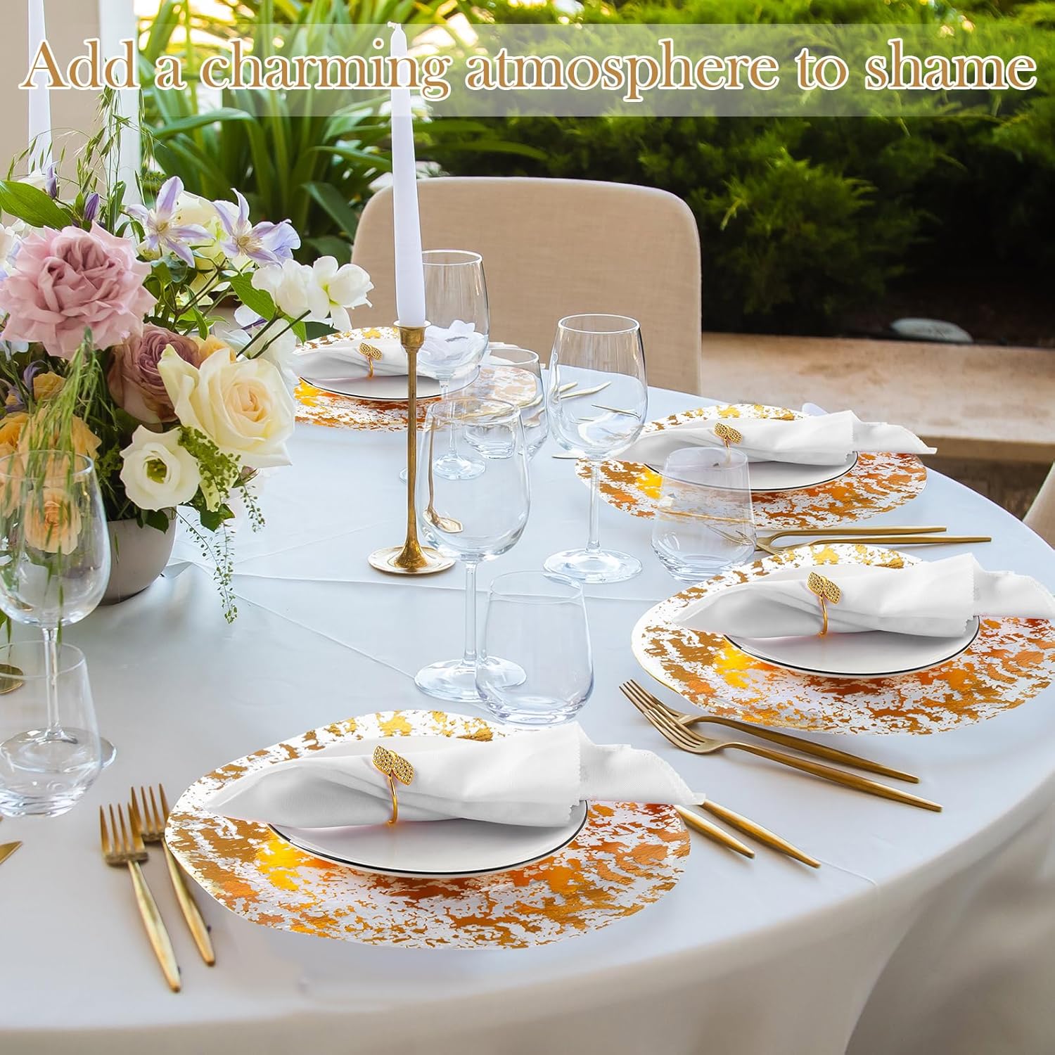 100 Pcs Gold Placemats and Napkin Rings Bulk 13 Inch Disposable Round Gold Placemats Metal Leaf Napkin Rings Sequin Doilies for Wedding Dining Table Kitchen Decoration