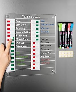 Transparent Magnetic Chore Chart – Erasable Dry Erase Board Calendar for Fridge – Includes 5 Fine-Tip Markers & Adhesive Strips – to-Do List Planner for Home Organization
