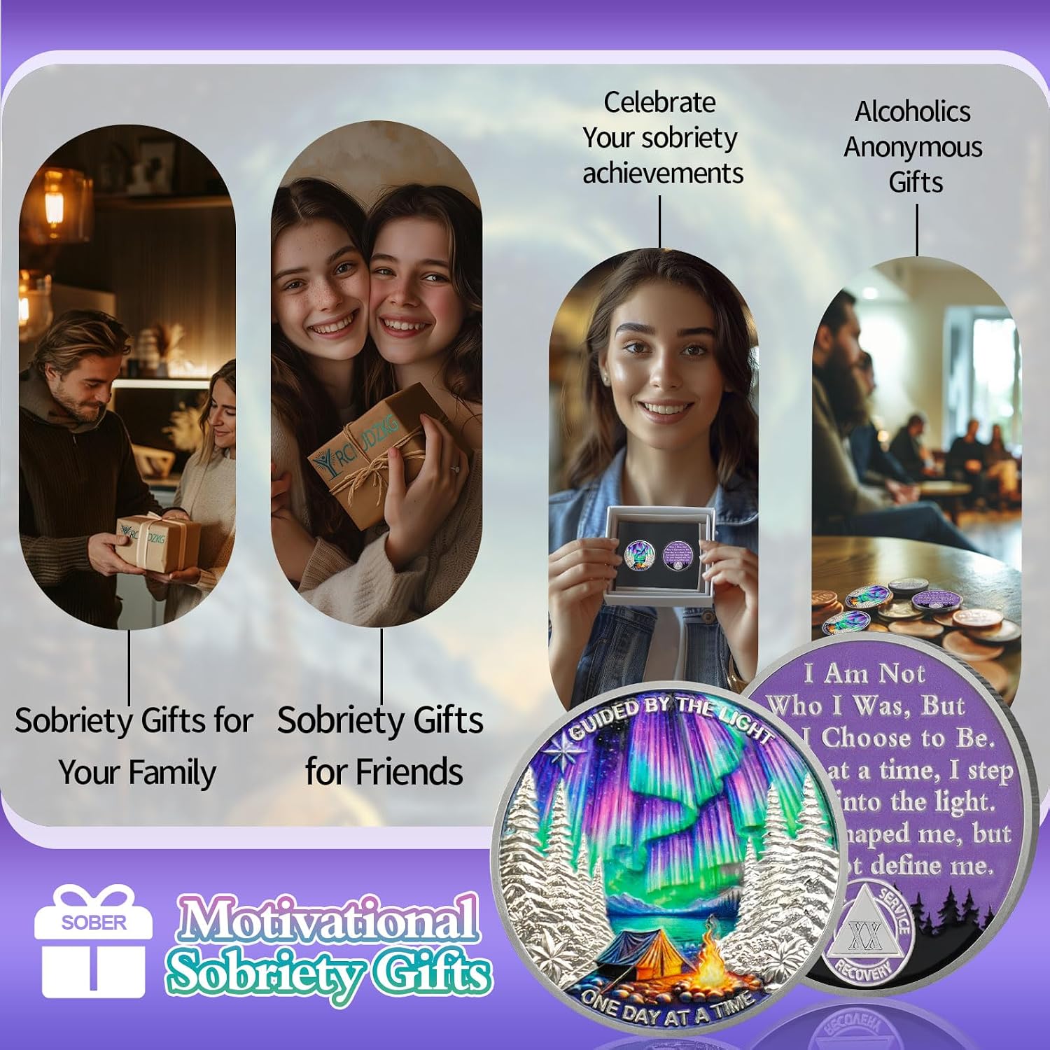 Guided by Northern Lights 20 Year Sobriety Coin - One Day at a Time AA Coin, Alcohol Free Anniversary Recovery Chip with Token Capsule, Inspirational Sobriety Gifts for Men & Women