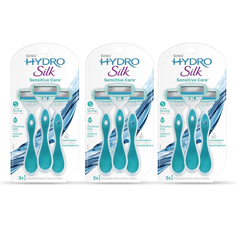 Aparelhos de barbear descartáveis Schick Hydro Silk Sensitive com 5 lâminas para mulheres, Pacote com 9
