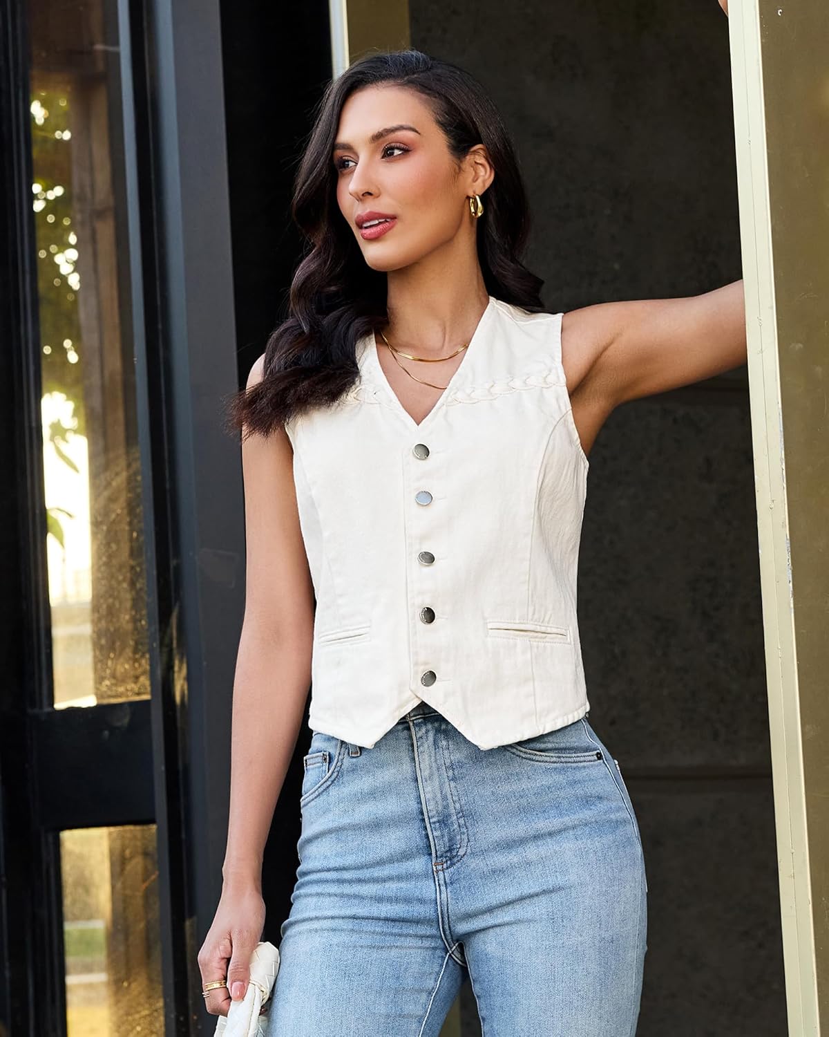 luvamia Denim Vest Women Trendy Button Down Braided Adjustable Waist Western Casual Sleeveless Jean Waistcoat Vests Top - Image 7