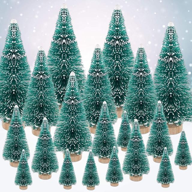 EMAGEREN 35 PCS Mini Christmas Trees Artificial Snow Frost Trees Bottle Brush Trees Miniature Pine Christmas Tree Tabletop Trees Green Sisal Trees for Christmas Crafts Tabletop Decor (4 Size)