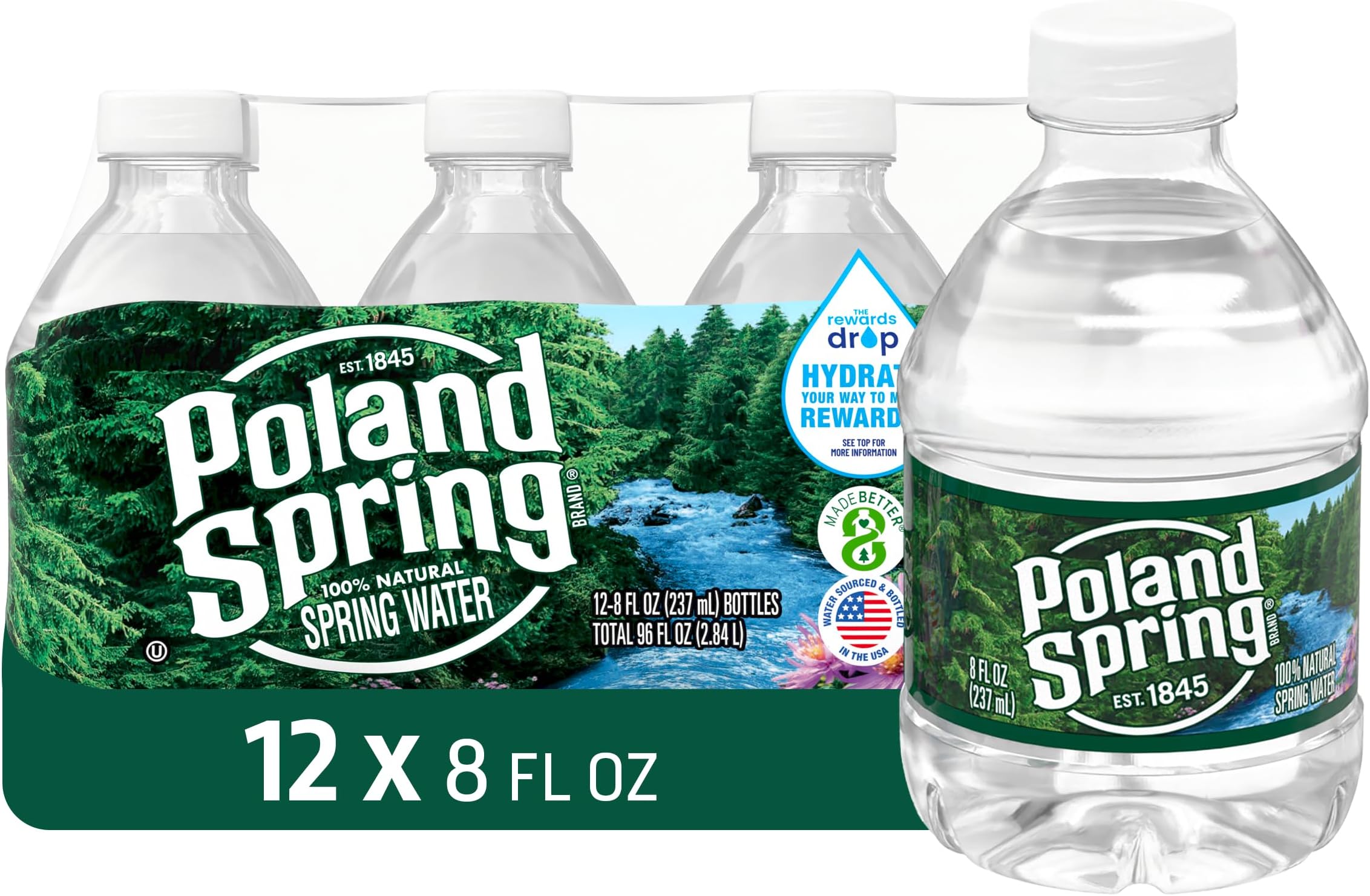 Poland Spring Maine Spring Water Bottles, 12 Pack – Crisp, Still Bottled Water with Naturally Balanced Occurring Minerals & Electrolytes for Taste - 8 Fl Oz