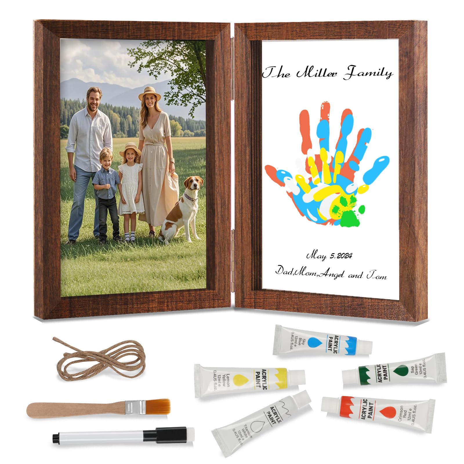 Nabance Handabdruck set Familie für 4, Bastel Bilderrahmen aus Holz Handabdruck Baby Fotorahmen Set Pfotenabdruck set Hund Fingerfarben Kinder Ungiftig Muttertagsgeschenk Vatertagsgeschenk-Braun