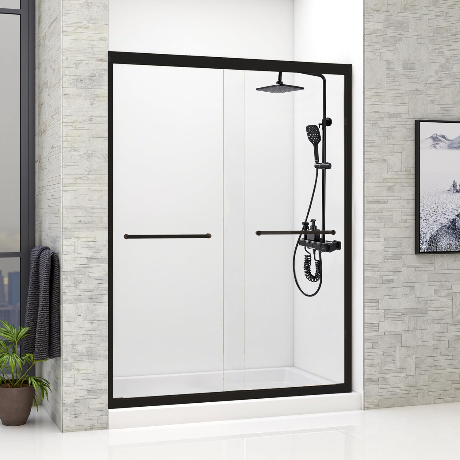 Shower Door 44-48" W x 72" H Glass Shower Doors for Walk in Shower Door Sliding Bathroom Door with 1/4" (6mm) Clear SGCC Tempered Glass, Towel Rail and Auxiliary Handle, Matt Black Matte Black 48''x72''-1/4-inch