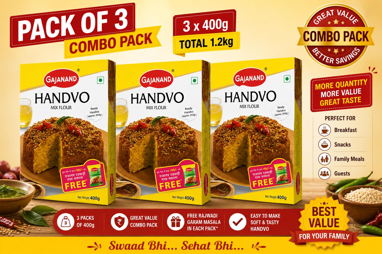 GAJANAND Handvo Mix Flour, 400gm (Pack of 3) / Instant Handva Mix, Ready to Cook/Handwa Flour for Healthy & Tasty Snacks/Breakfast-picture-19